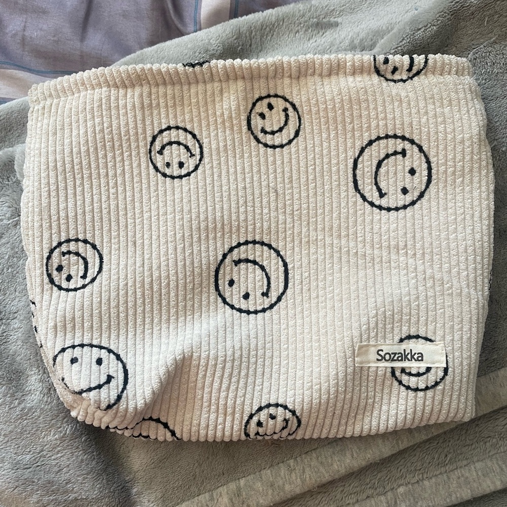 Cream Corduroy Cosmetic Bag With Smiley Face